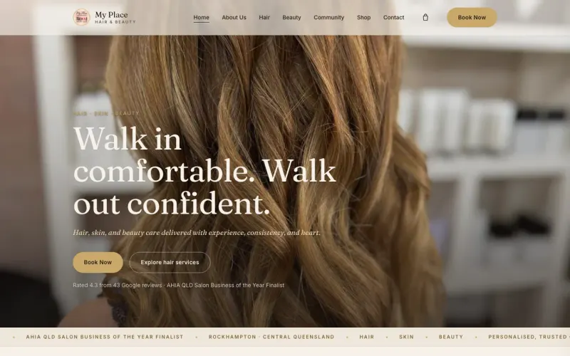 My Place Hair & Beauty website showing salon imagery, service navigation and booking links